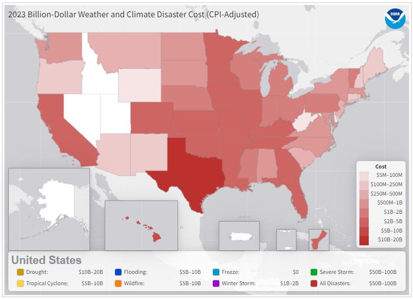 2023 Disaster Map   State Costs Per 1 Million Residents 